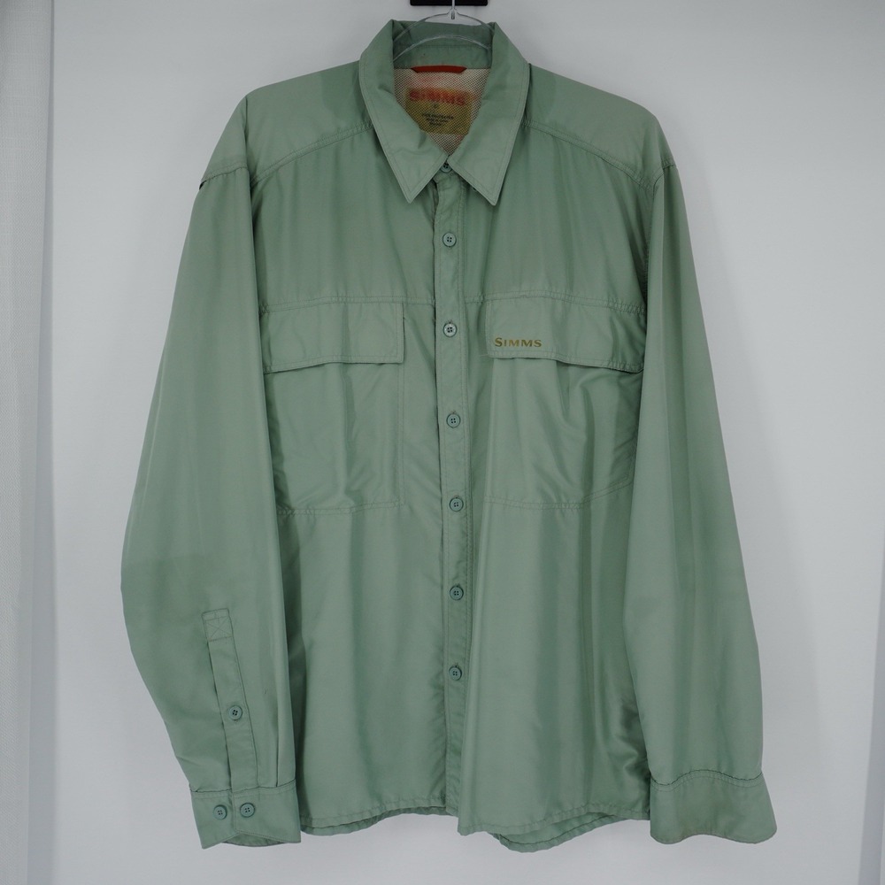 Simms Shirt Mens Guide Series Fishing Button Up Long Sleeve Light Green outdoor